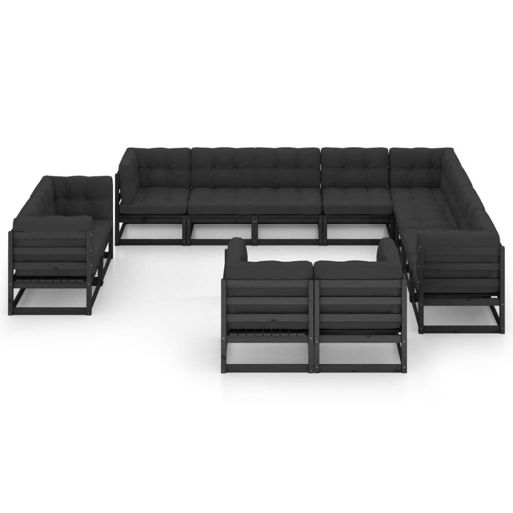 12-tlg. Garten-Lounge-Set mit Kissen Schwarz Kiefer Massivholz